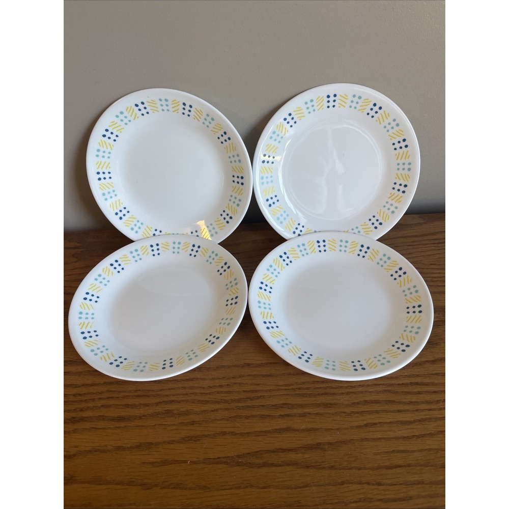 Set of 4 Corelle Key West 6 3/4" Bread Plates White Turquoise Blue Yellow Dots